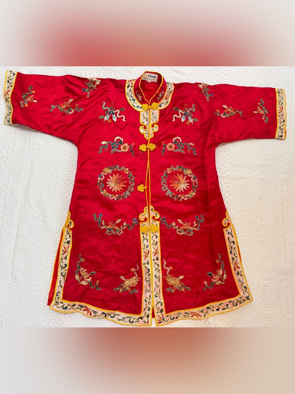 Vtg Chinese ESME Fine Embroidered Children's Asian Red Embroidered Robe Size 8